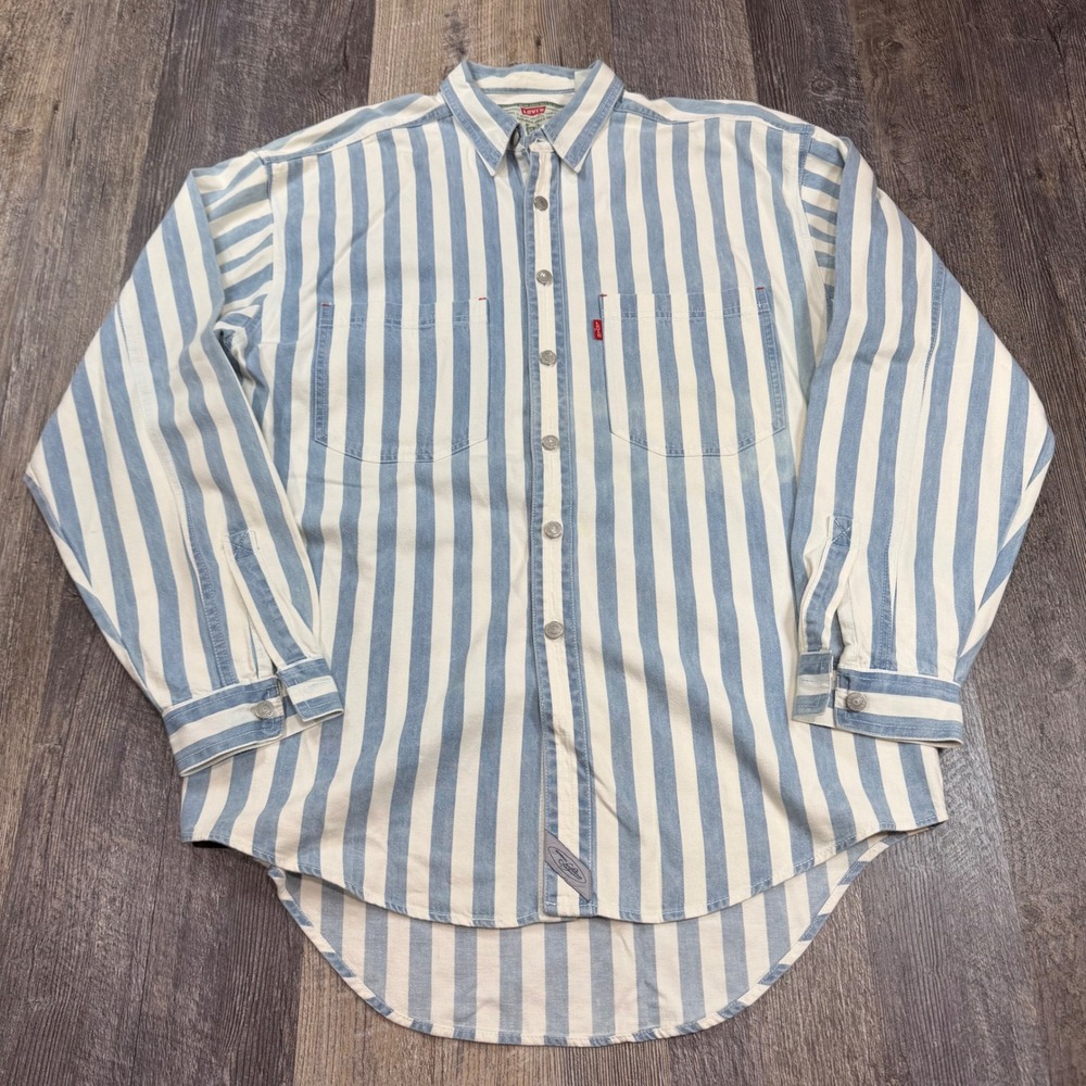 Vintage Levis Metal Button Down Shirt Mens M Blue Cream Striped Long Sleeve 1993